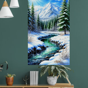Poster Vallée alpine enneigée avec rivière ensoleillée
