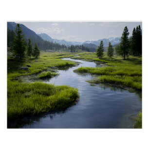 Poster Vallée alpine Ruisseau Prairies vertes Pics enneig