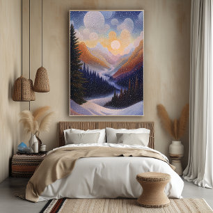 Poster Vallée de montagne hivernale dans le style pointil