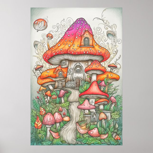 Poster Vallée Psychédélique De Champignons Dans La Forêt (Devant)