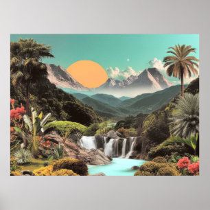 Poster Vallée Tropicale Surréaliste Avec Cascades