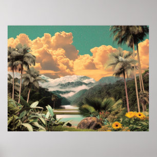 Poster Vallée Tropicale Surréelle Avec Palmiers