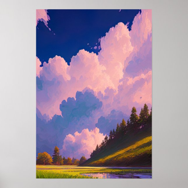 Poster Vallée verte sous ciel rose et violet (Devant)