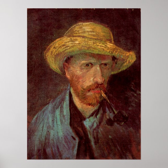 Poster Van Gogh Autoportrait avec Casquette paille et tuy (Devant)