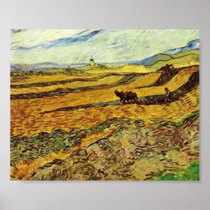 Poster Van Gogh - champ et laboureur et moulin