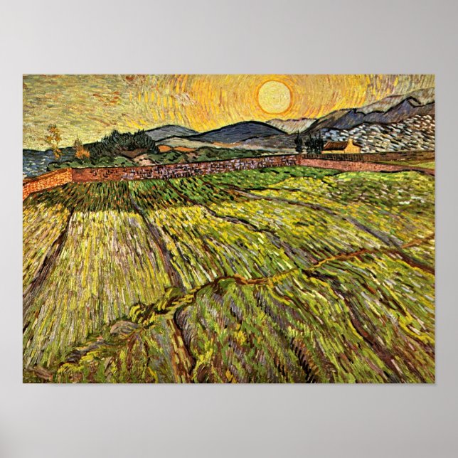 Poster Van Gogh - Champ fermé avec soleil levant (Devant)