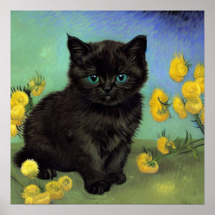 Poster Van Gogh Chat noir Fleurs jaunes