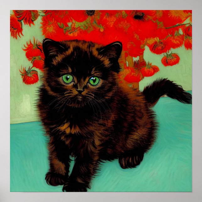 Poster Van Gogh Chat noir Fleurs rouges (Devant)