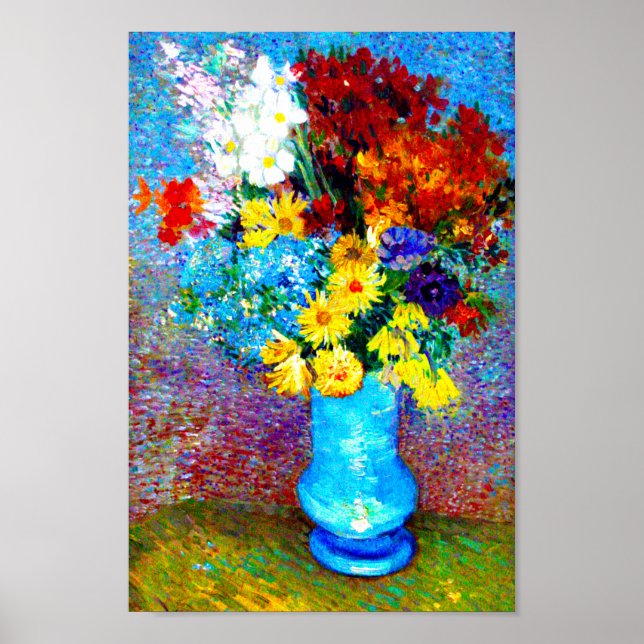 Poster Van Gogh Flowers dans un Vase Bleu (Devant)
