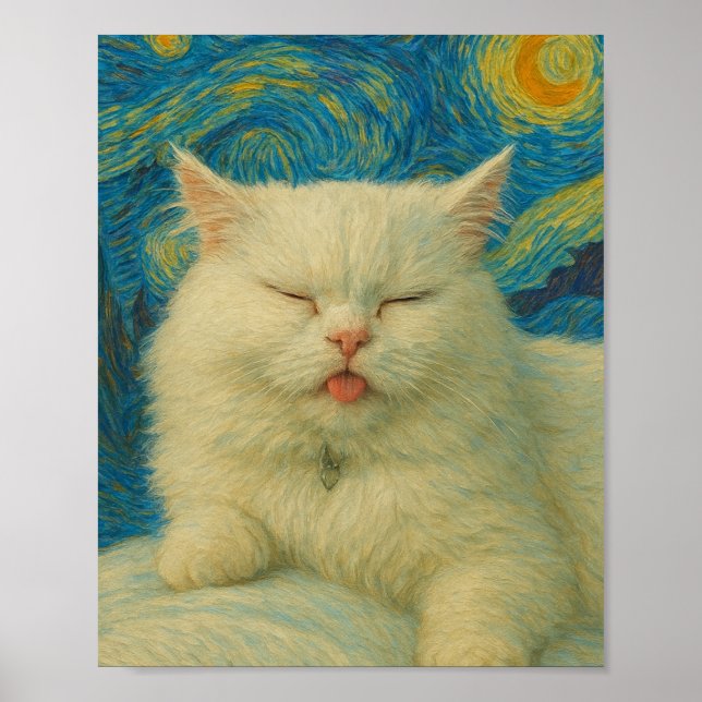 Poster Van Gogh Inspired Cat Art – White Cat Under Starry (Devant)