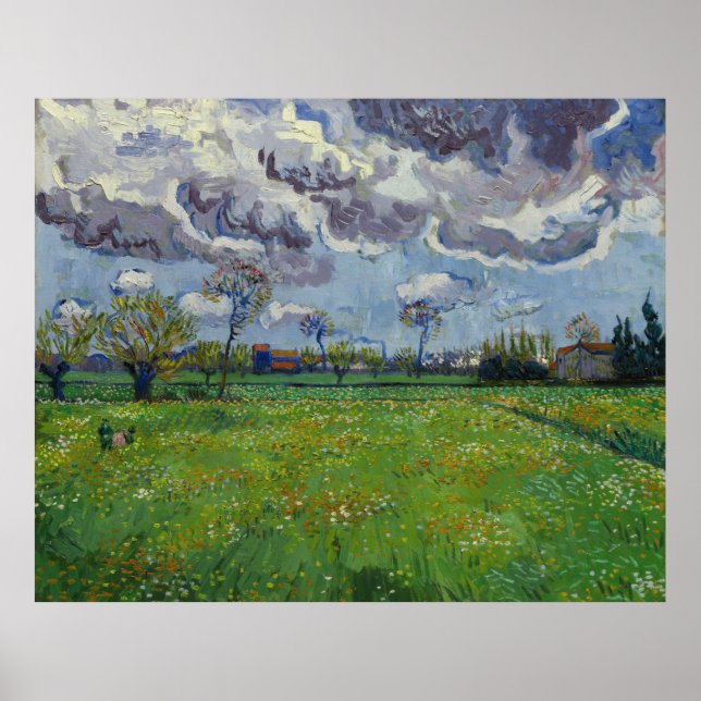 Poster Van Gogh Meadow avec des fleurs sous un ciel orage (Devant)