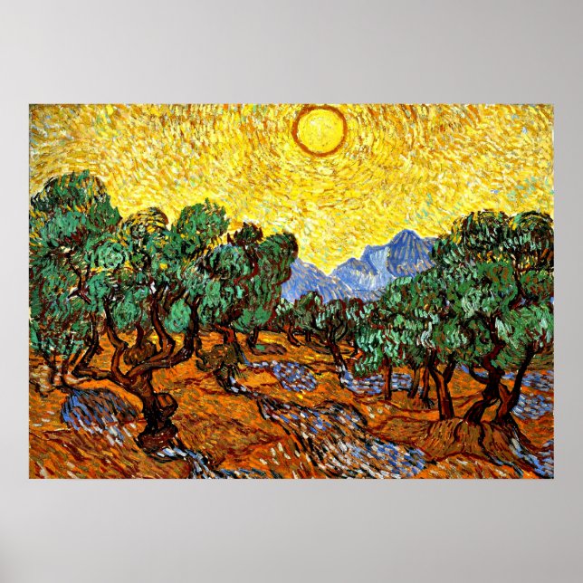Poster Van Gogh - Oliviers avec ciel jaune et soleil (Devant)