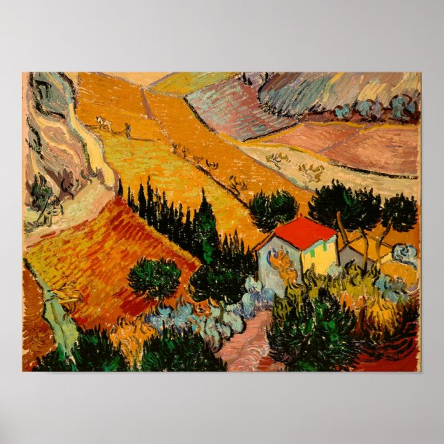 Poster Van Gogh - Paysage avec maisons et fleurs (Devant)