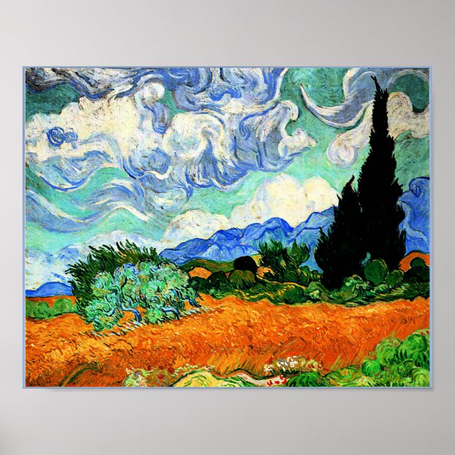 Poster Van Gogh peinture, Wheatfield avec Cypress Tree (Devant)