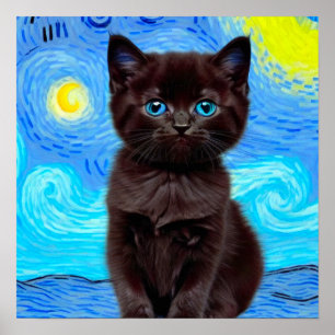 Poster Van Gogh Starry Night Black Cat
