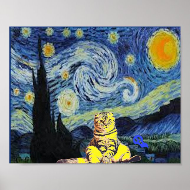 Poster Van Gogh - Starry Night, Cat Art Parody, (Devant)