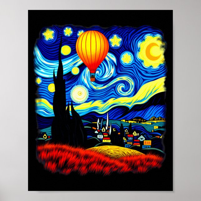 Poster Van Gogh Style Hot Air Balloon Starry Night  (Devant)