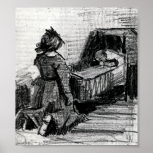 Poster Van Gogh - Une fille agenouillée devant un berceau