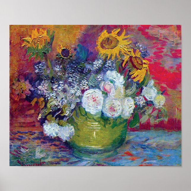 Poster Van Gogh - Vie Toujours Avec Roses Et Tournesols (Devant)