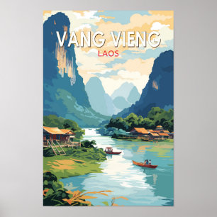 Poster Vang Vieng Laos Travel Art Vintage