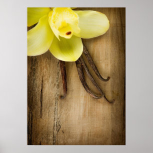 Poster Vanilla Pods and Flower over Wooden Background