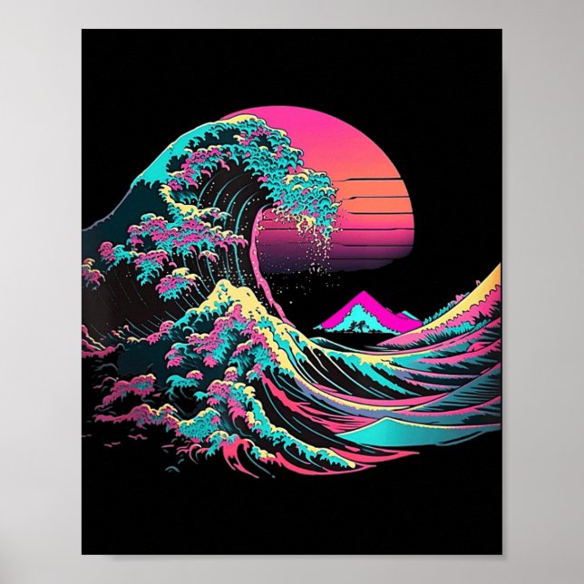 Poster Vaperwave Glitch esthétique Great Wave Retrowave S (Devant)