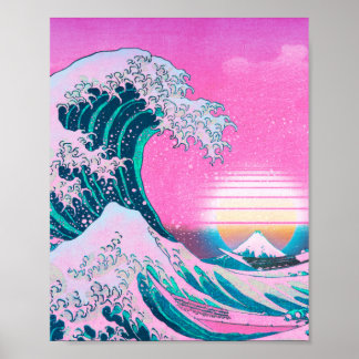 Poster Vaporwave esthétique Grande vague au large de Kana