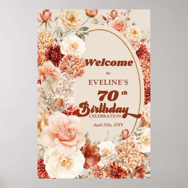 Poster Varié automne floral rouillé 70 anniversaire Bienv (Devant)