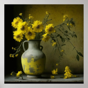 Poster Vase antique de fleurs jaunes