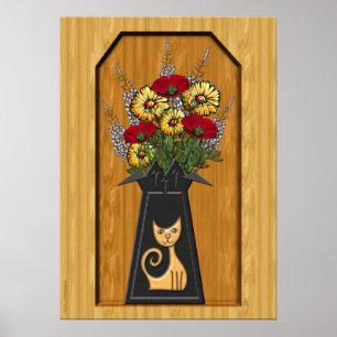 Poster Vase de chat avec des pavots et des mamans dans de