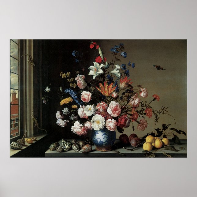 Poster Vase de fleurs près d'une fenêtre, Balthasar van d (Devant)