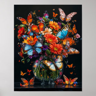 Poster Vase en verre avec papillons et fleurs colorés.