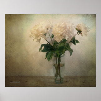 Poster Vase en verre vintage de pivoines blanches et rose