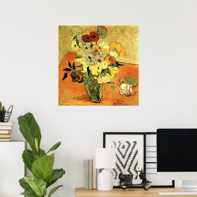 Poster Vase japonaise, Rose, Anémones par Vincent van Gog (Bureau à domicile)