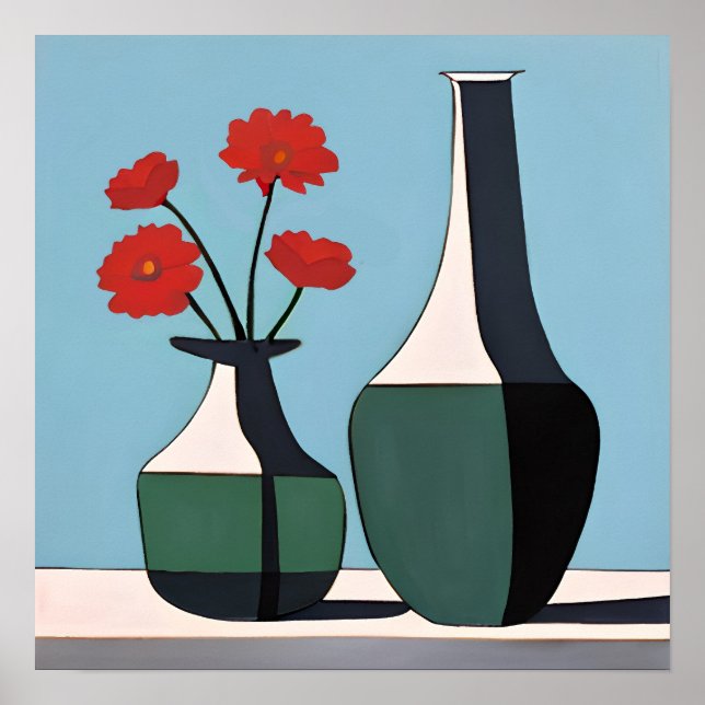 Poster Vases noirs et blancs avec fleurs rouges (Devant)