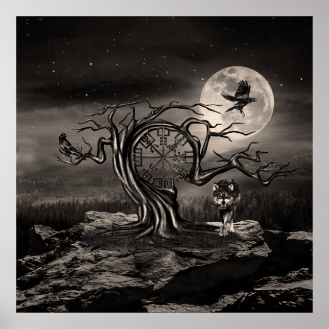 Poster Vegvisir Arbre paysage de la lune - sépia (Devant)