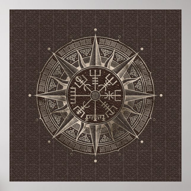 Poster Vegvisir - Viking Compass - Cuir Brown et or (Devant)