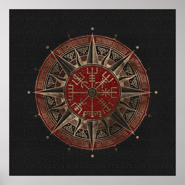 Poster Vegvisir - Viking Compass - Cuir noir et rouge (Devant)