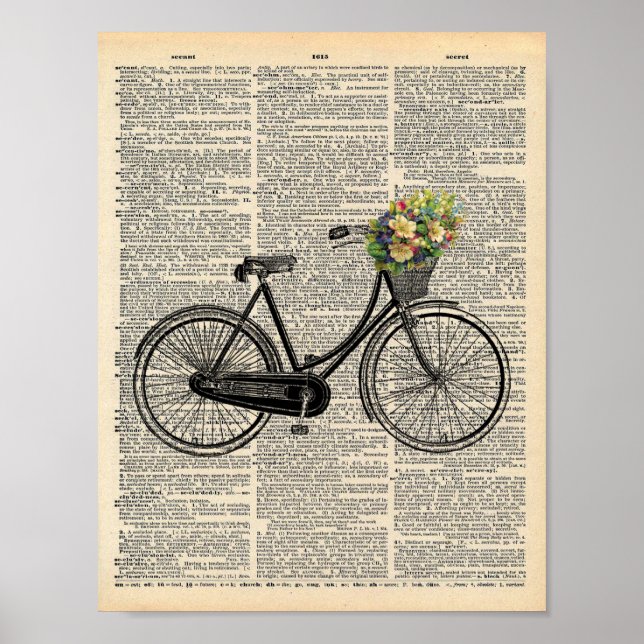 Poster Vélo d'art mural du dictionnaire vintage avec fleu (Devant)
