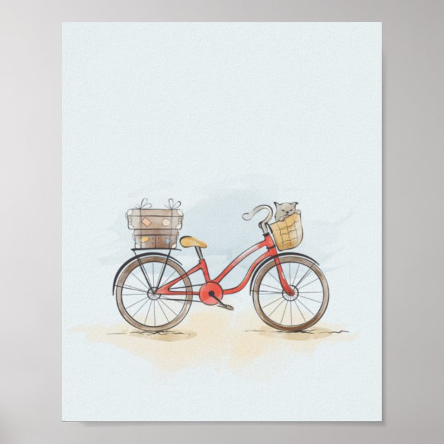 Poster Vélo rouge à l'aquarelle et chat (Devant)