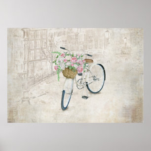 Poster Vélo Vintage avec panier rose