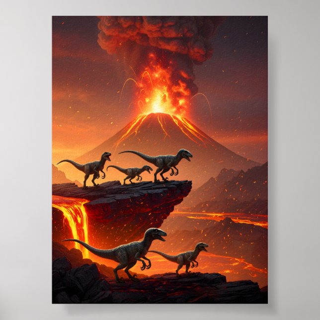 Poster Velociraptor's avec un volcan ébranlant (Devant)