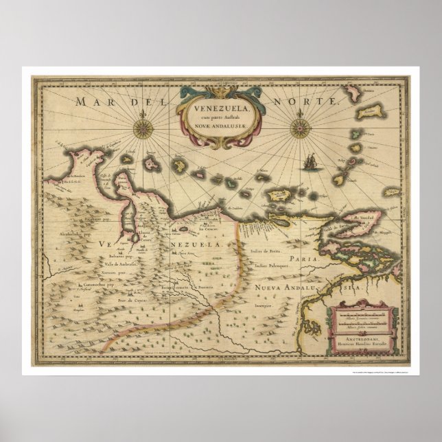 Poster Venezuela par Carte Hondius - 1630 (Devant)