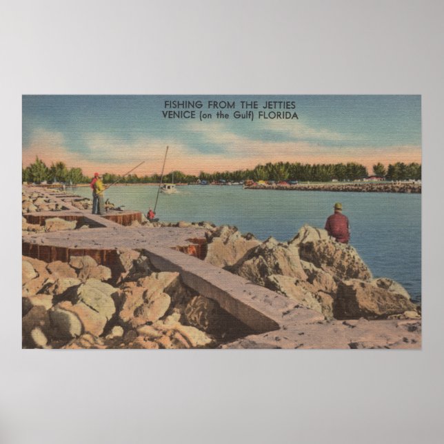 Poster Venise, Floride - Scène de pêche sur les Jetties (Devant)