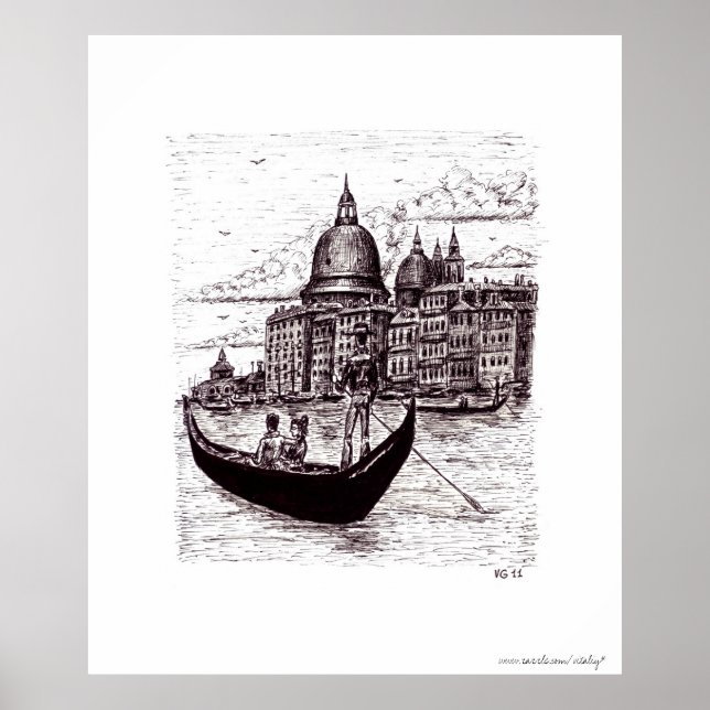 Poster Venise Italie dessin noir et blanc encre de plume (Devant)