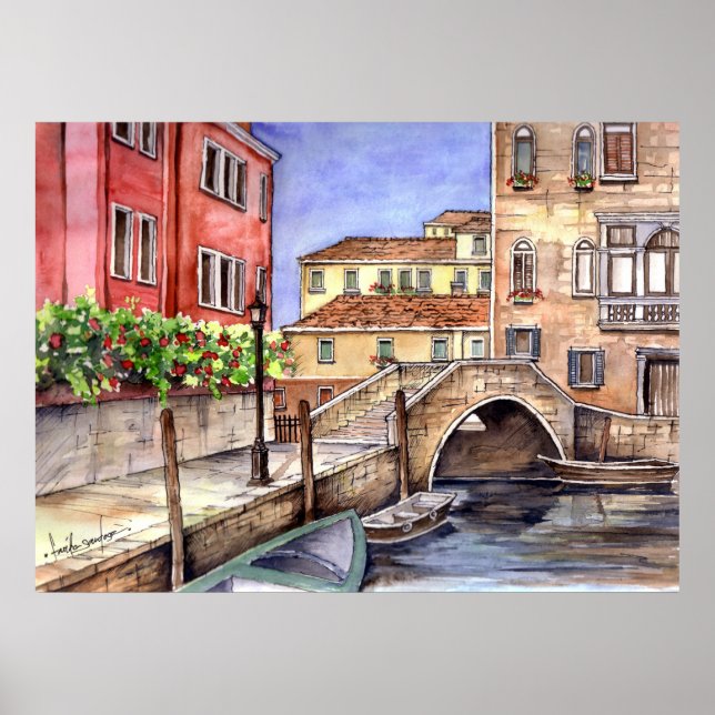 Poster Venise Italie Stylo et lave aquarelle (Devant)
