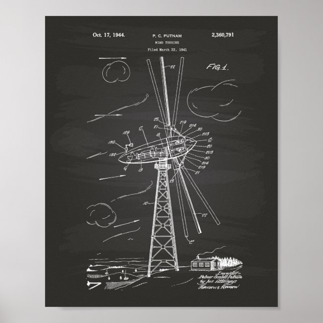Poster Vent Turbine 1944 Brevet Art Chalkboard (Devant)