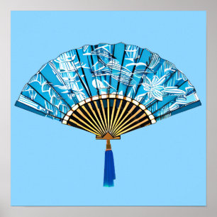 Poster Ventilateur japonais en bleu turquoise et blanc