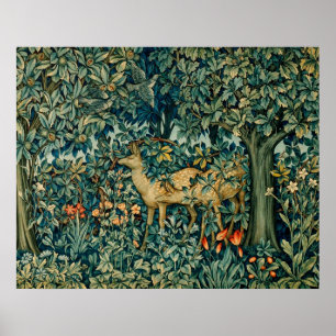 Poster VERDURE, ANIMAUX FORESTIERS, DOES, OISEAUX Floral