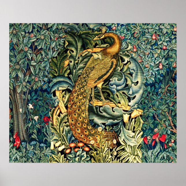 POSTER VERDURE, ANIMAUX FORESTIERS, PEACOCK EN VERT FLORA (Devant)